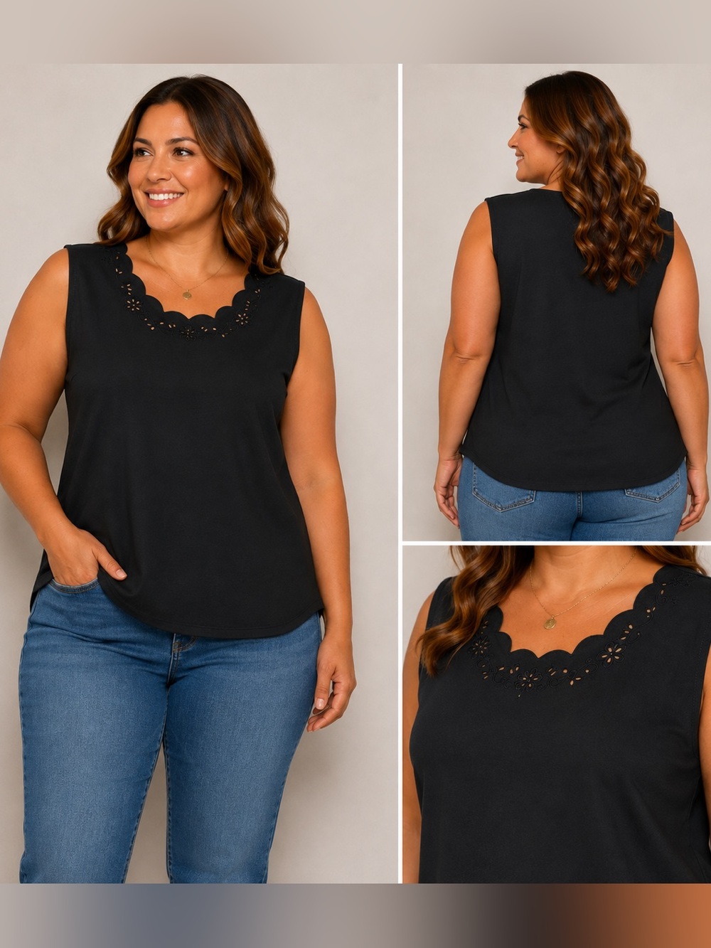 Laura Scott Black Sleeveless Top – Size M – Embroidered Scalloped Neck